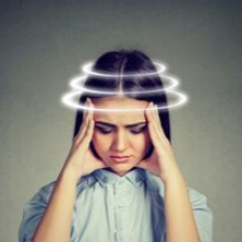 Visual depiction of vertigo with woman holding temples and circular motion effect